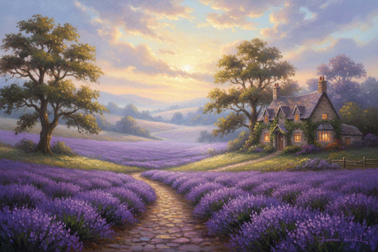 Generate an Thomas kinkade like English country side setting for a website background selling lavender sachets with English essential oil from Windsor England 