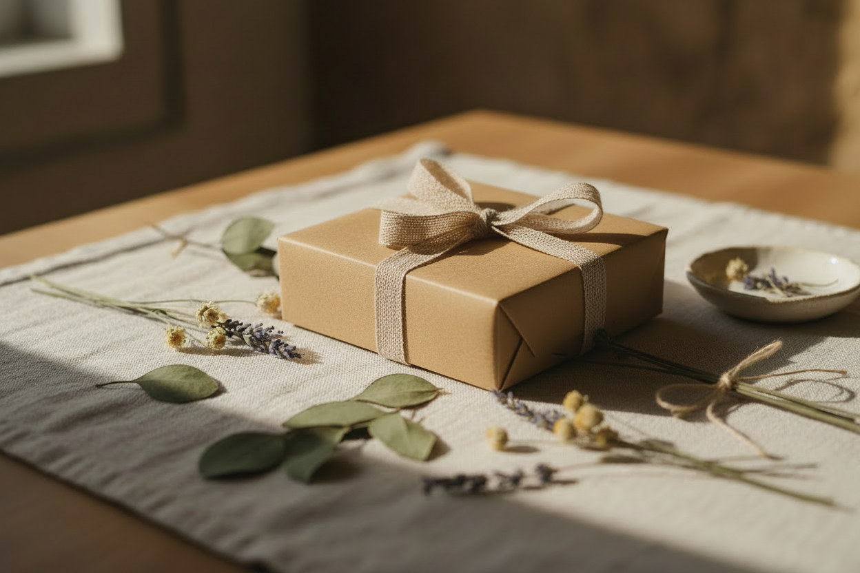 Make the ribbon less twine and more decorative hemp - wide format and try and show the tying pattern across the corners at angles